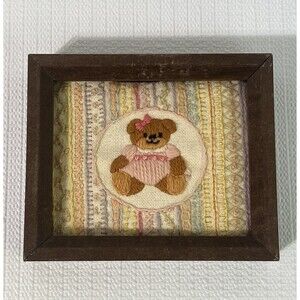 Vintage Teddy Bear Baby Girl Crewel Framed Needle Point Embroidery Wall Art